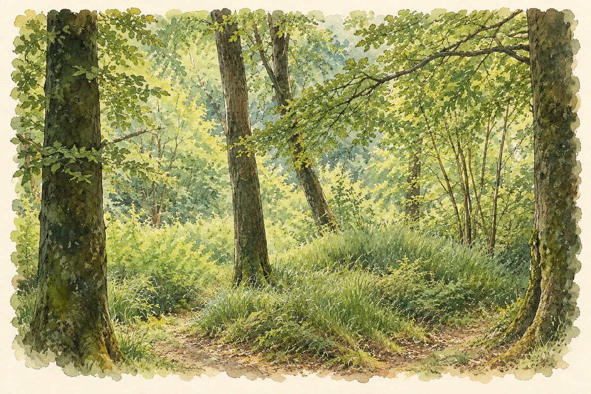 Watercolour and fine ink illustration of Glen of the Downs woodland, near Kilpedder.