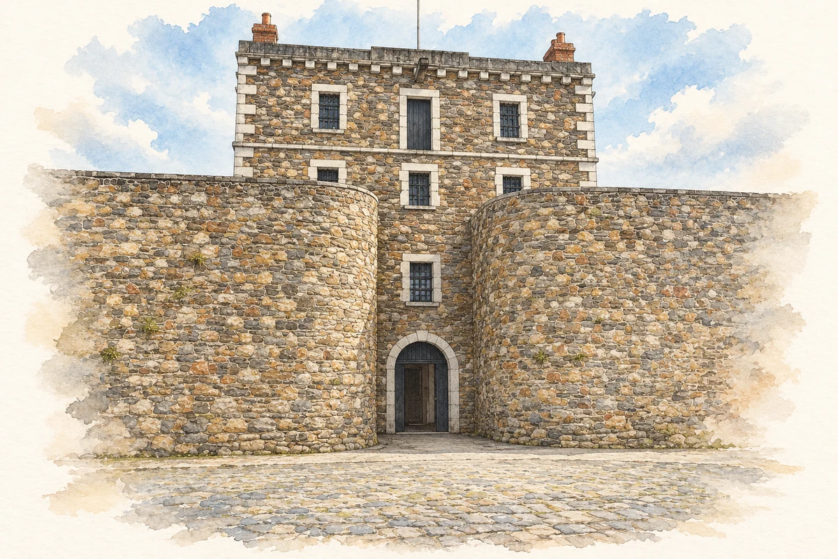 Watercolour and fine ink illustration of Wicklow Gaol entrance, Wicklow town in Wicklow.