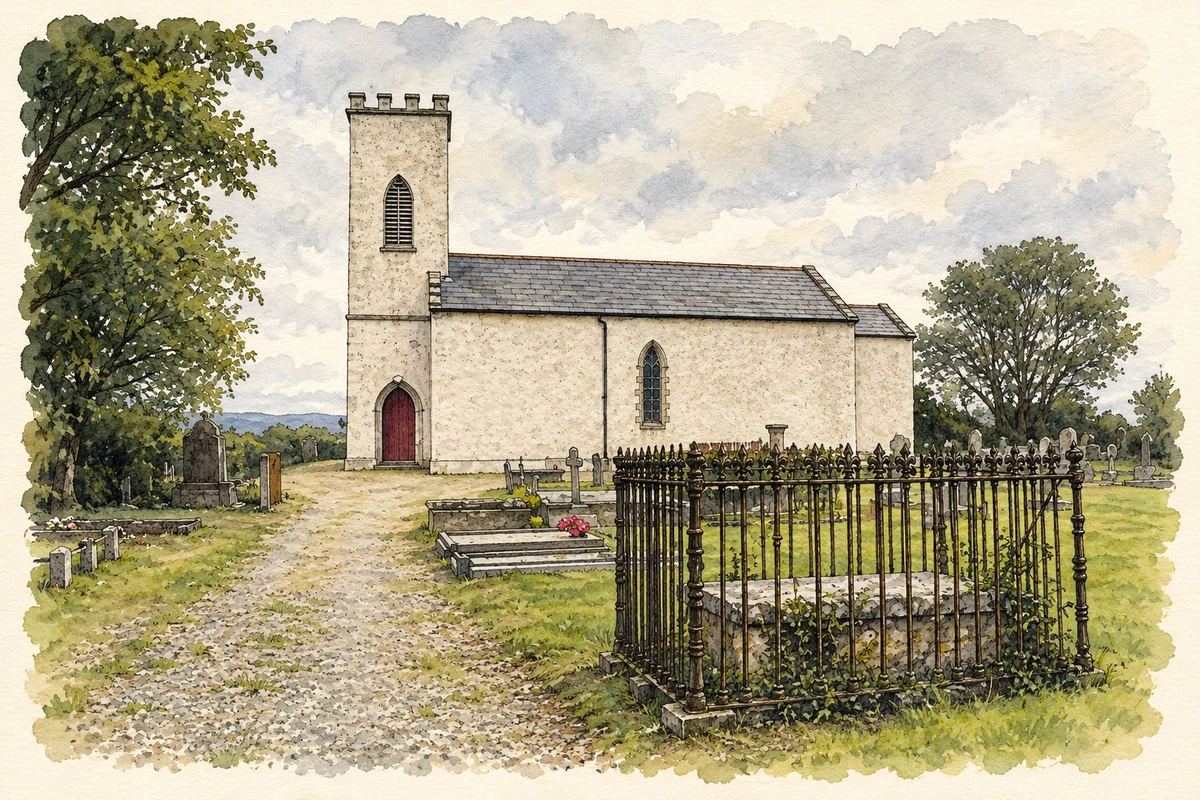 Watercolour and fine ink illustration of St Finian's Church of Ireland, Greencastle, County Donegal.