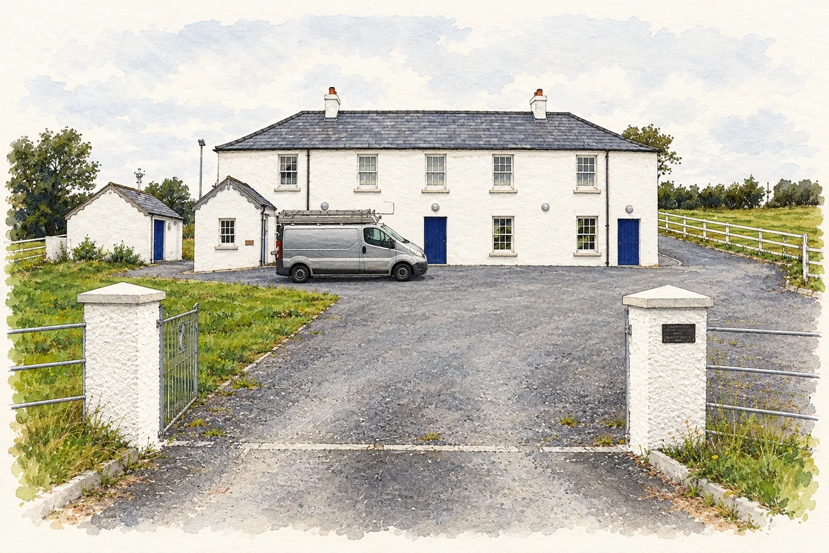 Watercolour and fine ink illustration of The former church hall and school on Maddan Road, as photographed in August 2013.