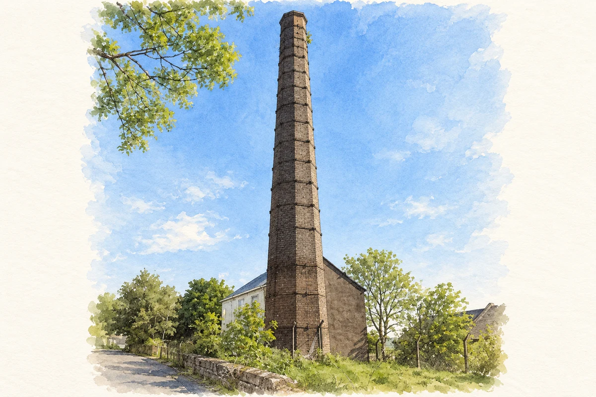 Watercolour and fine ink illustration of Darkley Mill chimney.