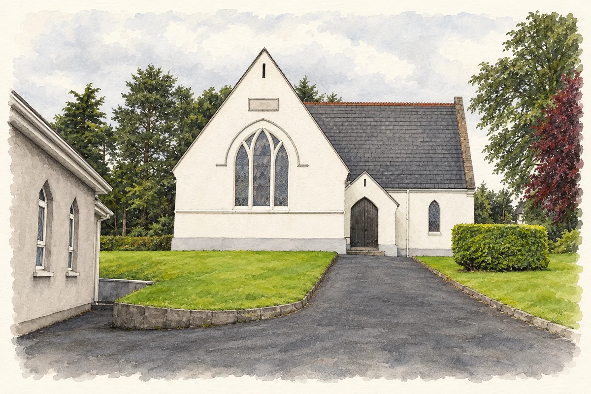 Watercolour and fine ink illustration of Killylea Methodist Church, as photographed in 2012.
