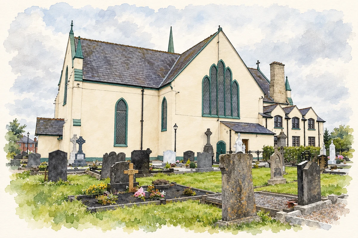 Watercolour and fine ink illustration of St Patrick's Catholic Church from the graveyard, Crossmaglen, County Armagh.