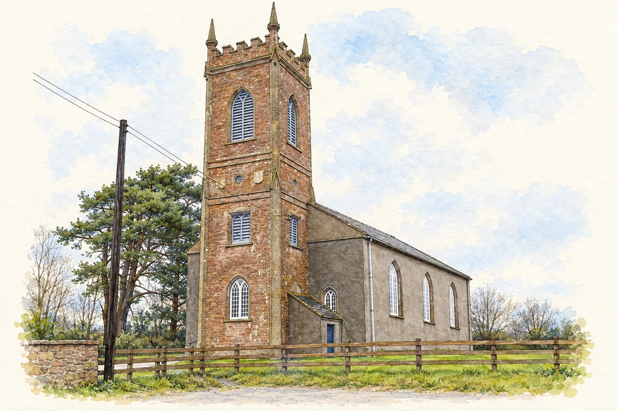 Watercolour and fine ink illustration of Saint John’s Church of Ireland at Lisnadill, as photographed in 2007.