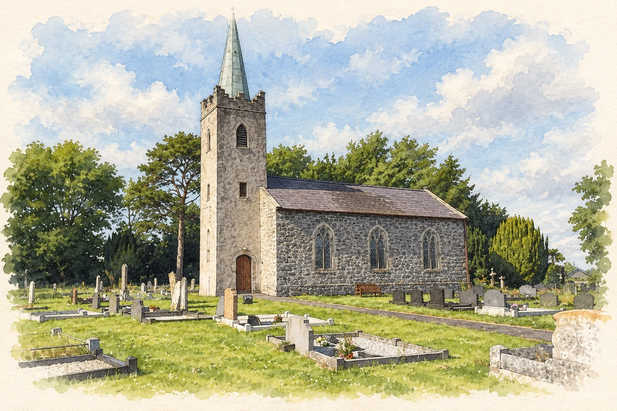 Watercolour and fine ink illustration of Ardmore Parish Church in Derryadd townland.