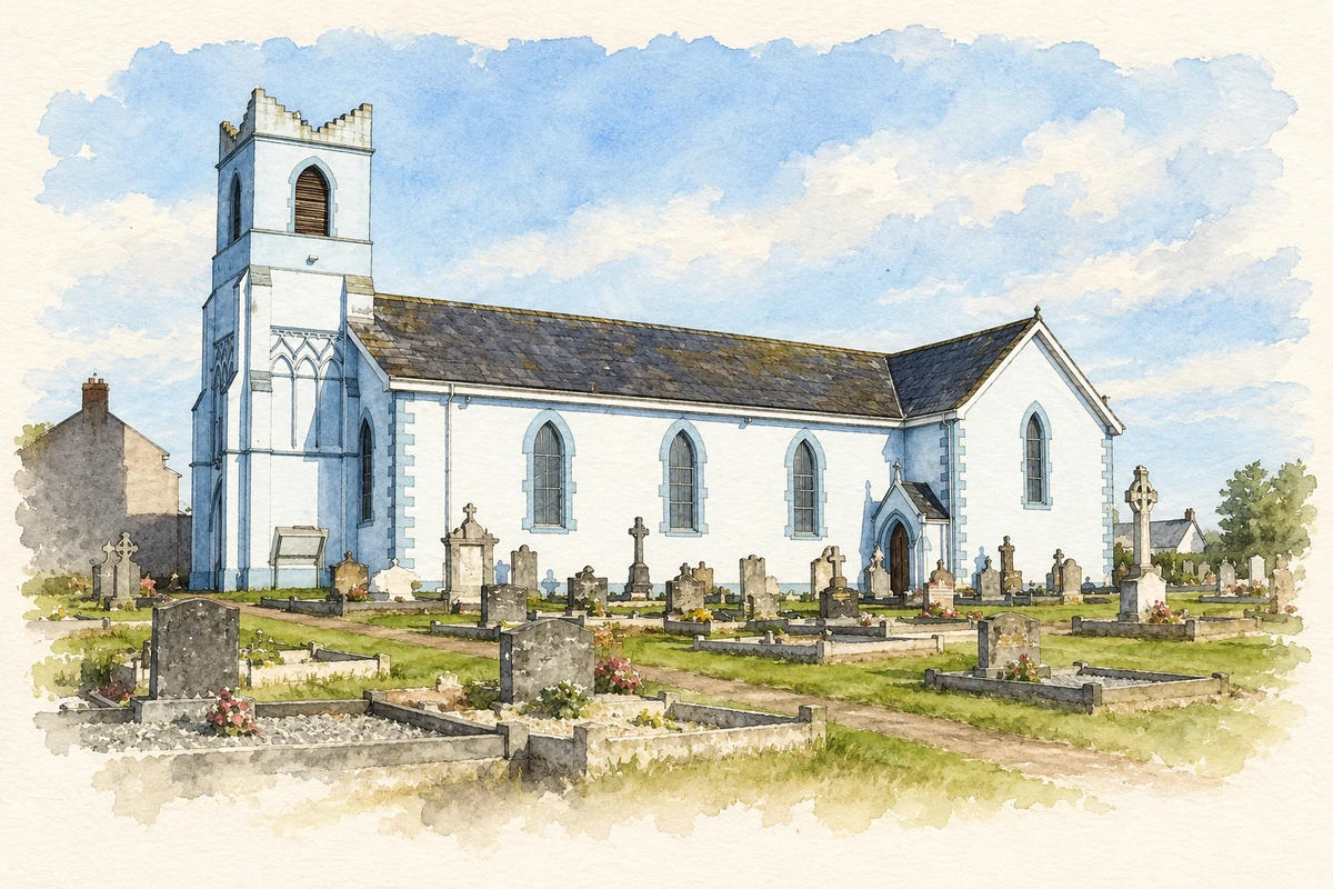 Watercolour and fine ink illustration of Saint Mary’s Church, Derrytrasna.