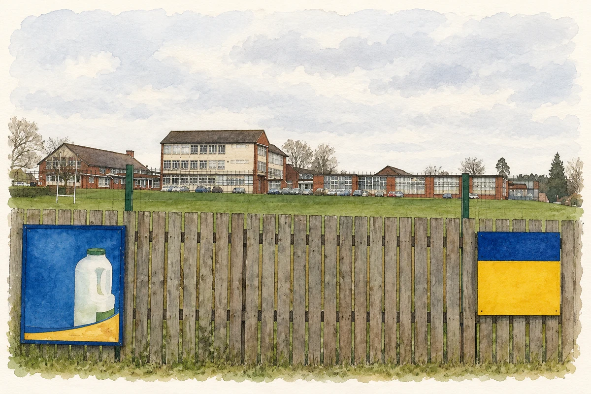 Watercolour and fine ink illustration of Portadown College in Killycomain, as photographed in 2009.