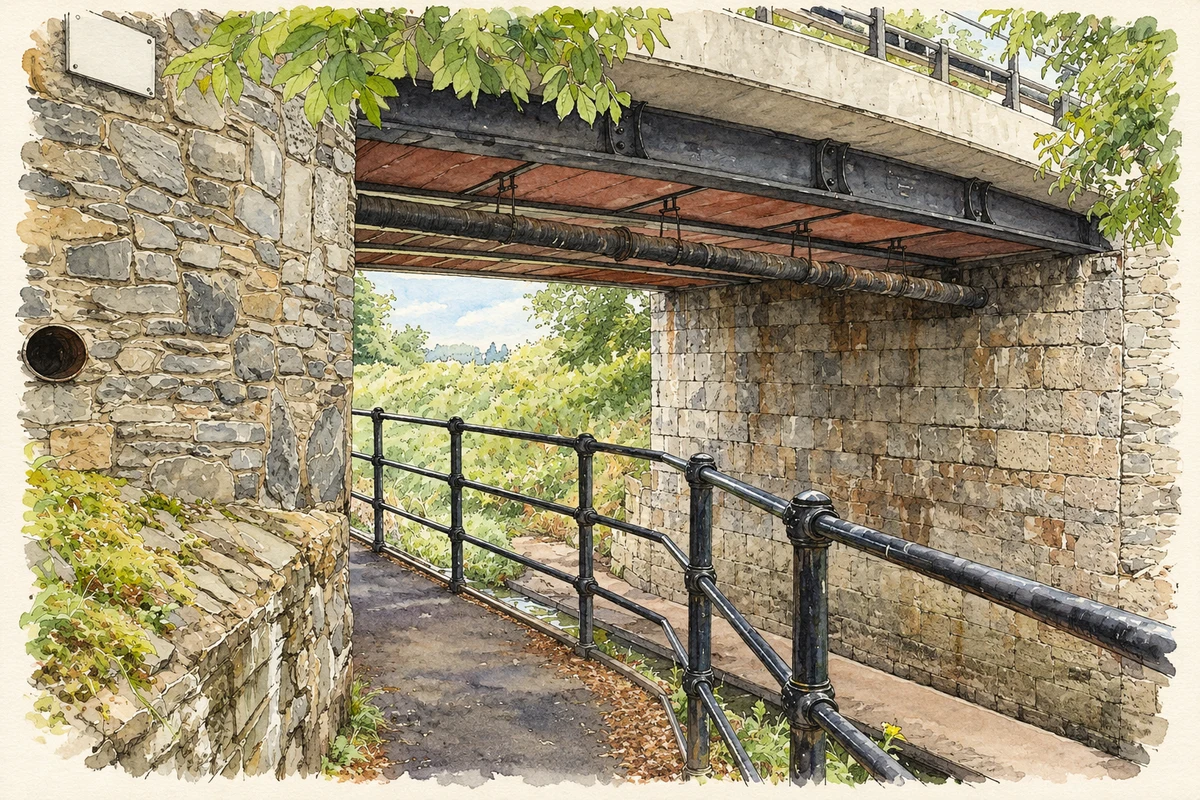 Watercolour and fine ink illustration of The towpath beneath Knock Bridge near Portadown, as photographed in 2007.