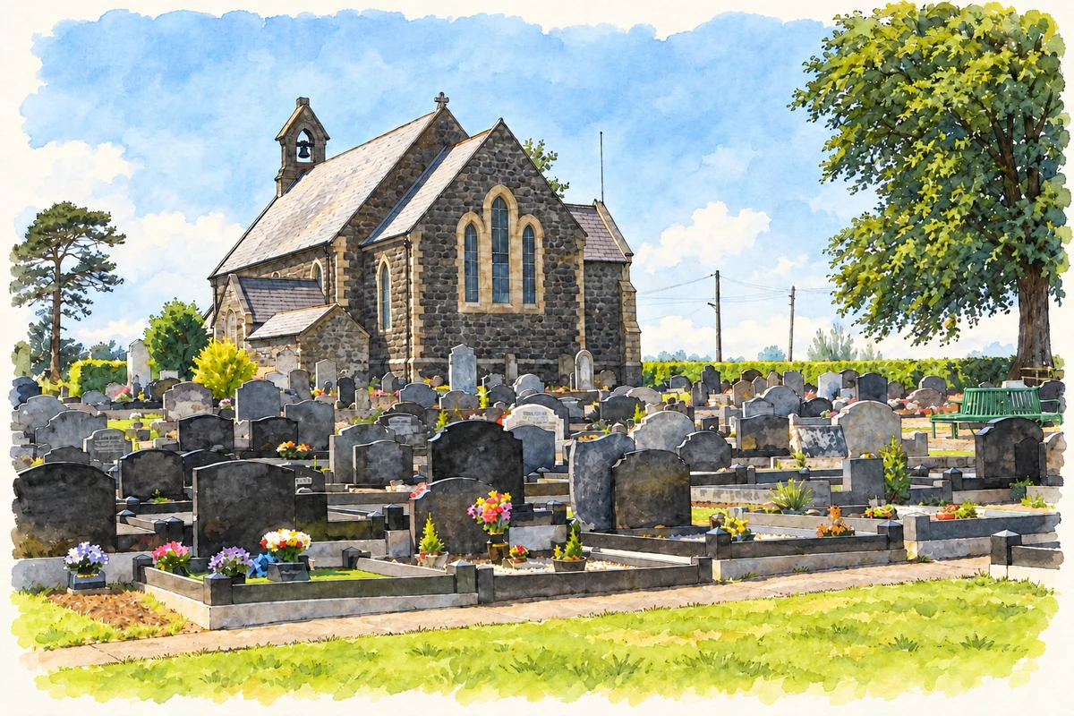 Watercolour and fine ink illustration of Knocknamuckley Church and graveyard at Ballygargan, as photographed in 2016.
