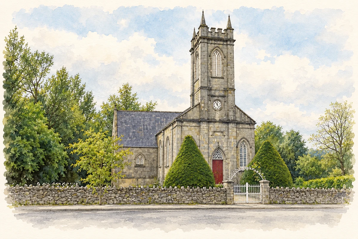 Watercolour and fine ink illustration of St Luke's Church, Loughgall, County Armagh.