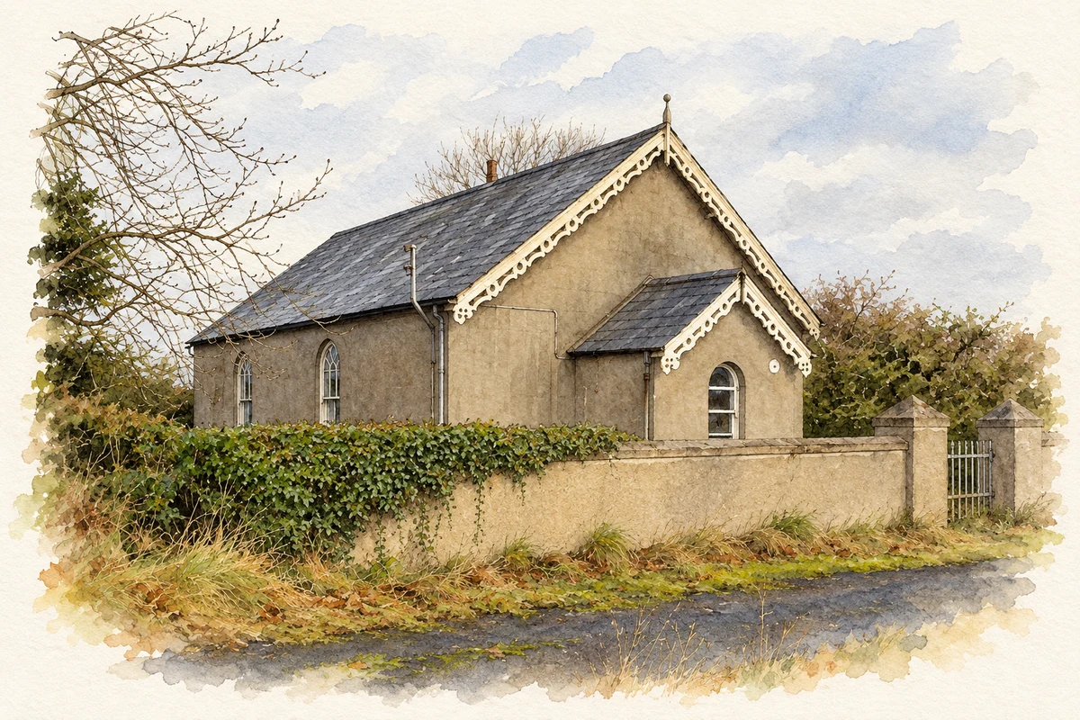 Watercolour and fine ink illustration of Former Derryall Primitive Wesleyan Methodist Church, as photographed in 2007.