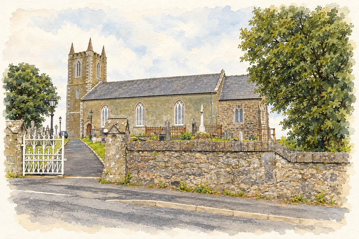Watercolour and fine ink illustration of Saint Aidan's Church of Ireland, Kilmore, County Armagh.