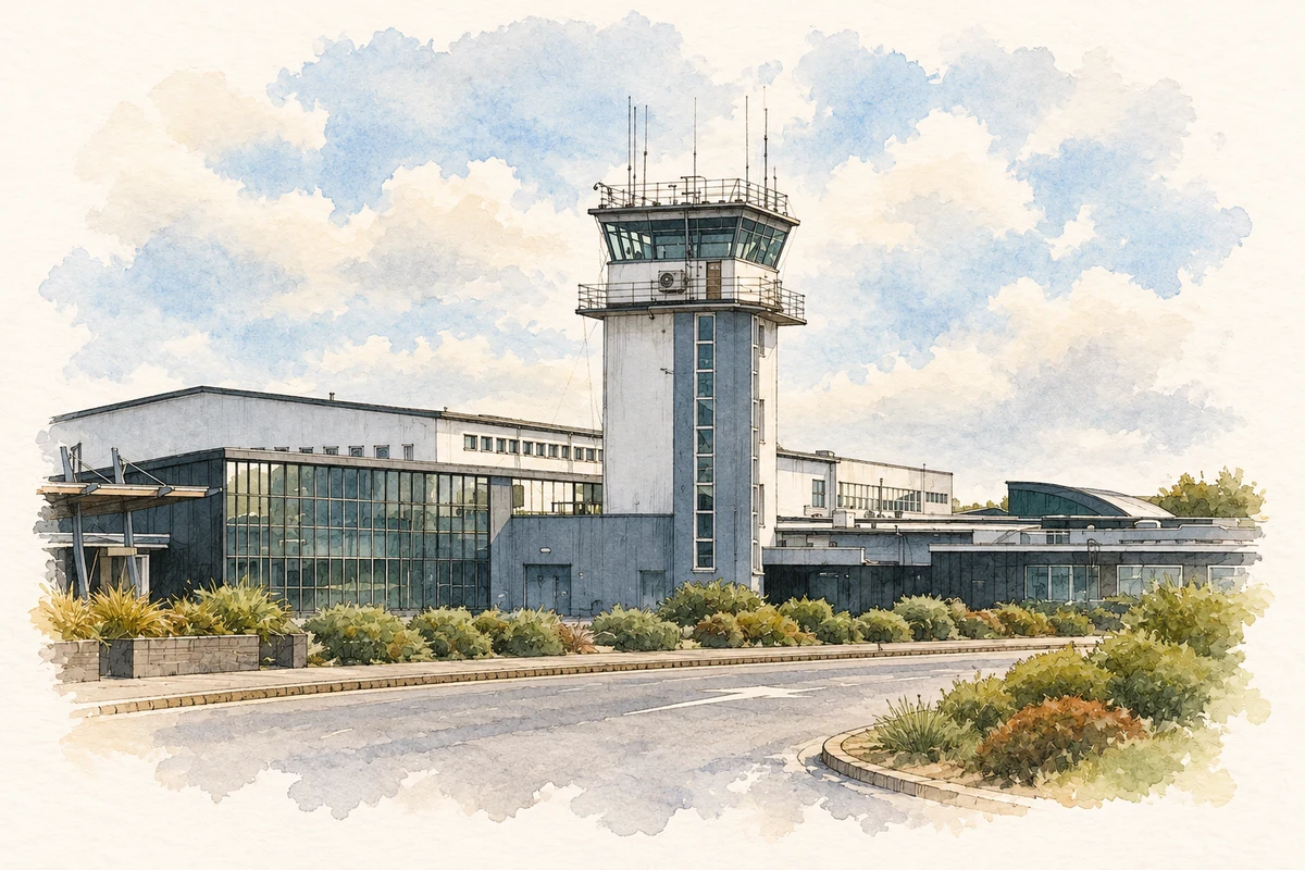 Watercolour and fine ink illustration of Shannon Airport control tower, County Clare in Shannon.