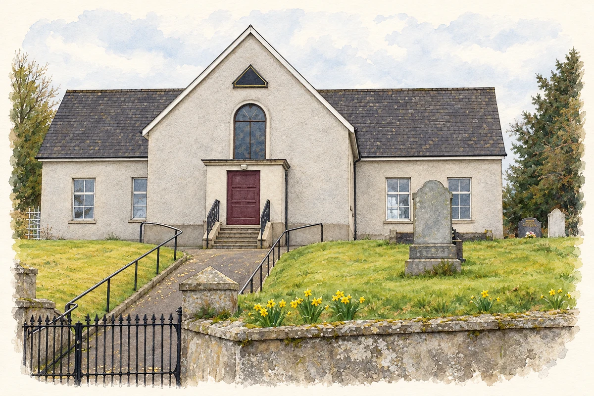 Watercolour and fine ink illustration of Mountnorris Presbyterian Church, as photographed in March 2008.