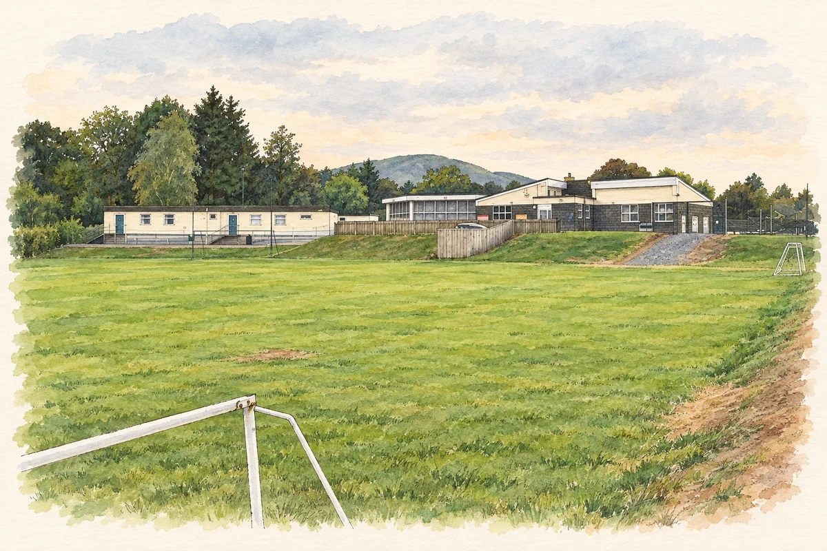 Watercolour and fine ink illustration of Saint Mary’s Primary School, Mullaghbawn, as photographed in September 2014.