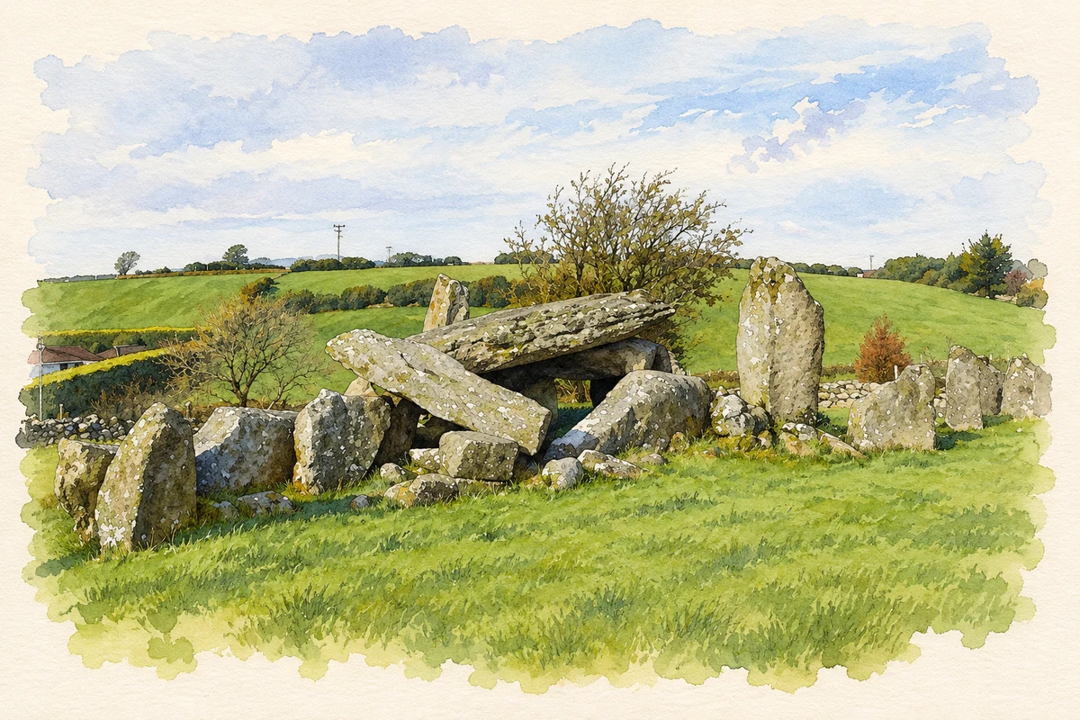 Watercolour and fine ink illustration of Clontygora Court Tomb.
