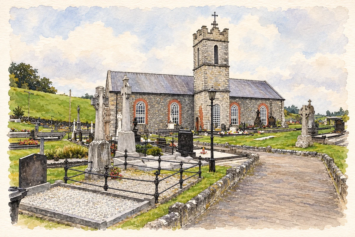 Watercolour and fine ink illustration of Roman Catholic church near Middletown, County Armagh.