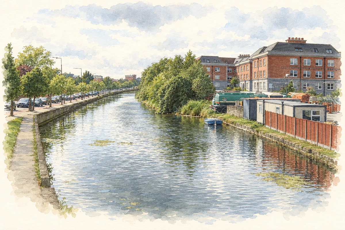 Watercolour and fine ink illustration of The Grand Canal at Harold’s Cross, as photographed in 2007.