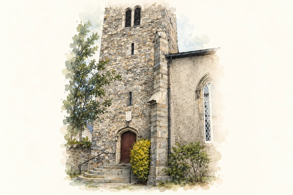 Watercolour and fine ink illustration of St Lawrence's Church, Chapelizod, County Dublin.