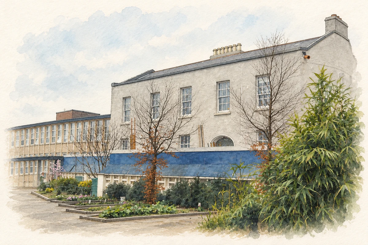 Watercolour and fine ink illustration of Cullenswood House school courtyard, Ranelagh.