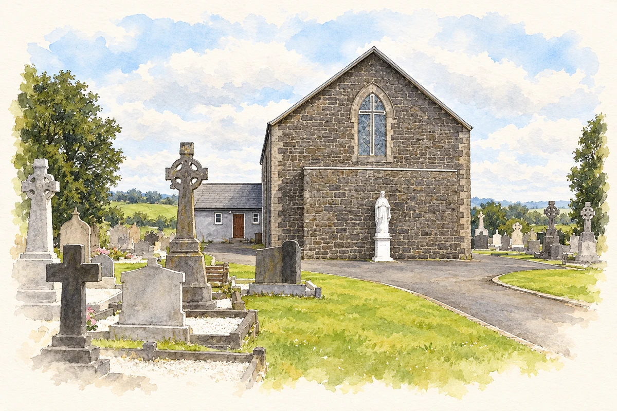 Watercolour and fine ink illustration of Roman Catholic church near Desertmartin.