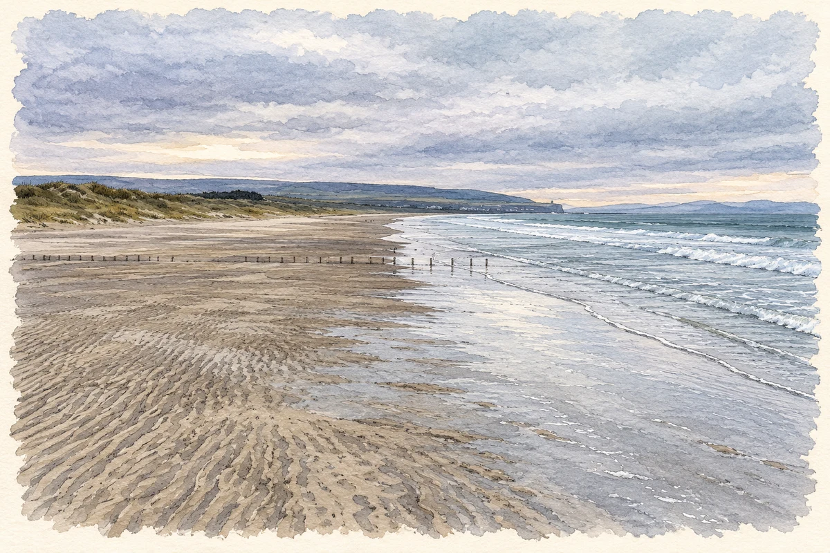 Watercolour and fine ink illustration of Portstewart Strand.