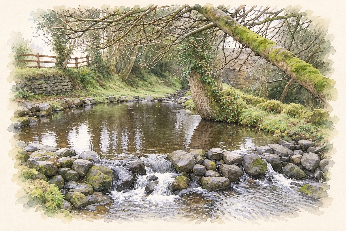 Watercolour and fine ink illustration of Saint Patrick's Holywell spring pool, near Belcoo.