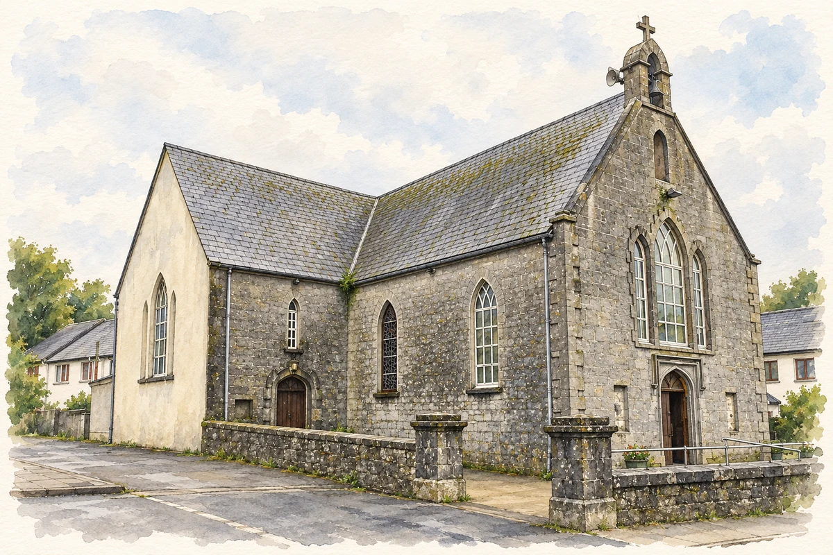 Watercolour and fine ink illustration of St Brigid's Catholic Church, Corofin.