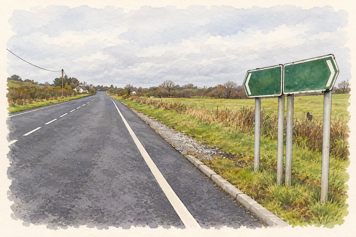Watercolour and fine ink illustration of The A509 road at Mackan, as photographed in November 2008.
