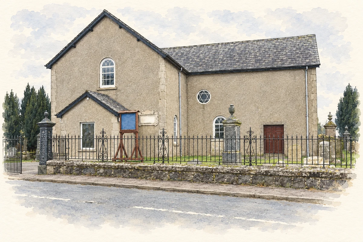 Watercolour and fine ink illustration of Killead Presbyterian Church, as photographed in 2006.