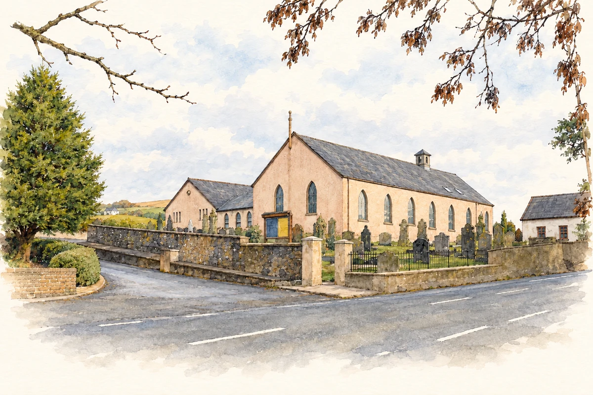 Watercolour and fine ink illustration of Glenwherry Presbyterian Church near Glenwhirry, as photographed in 2007.