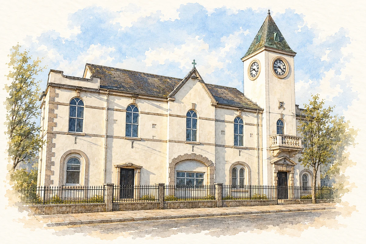 Watercolour and fine ink illustration of Ballyclare Town Hall in Ballyclare.