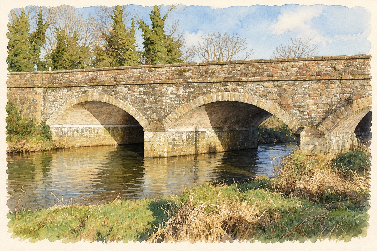 Watercolour and fine ink illustration of Railway bridge over Sixmilewater, Dunadry, County Antrim.