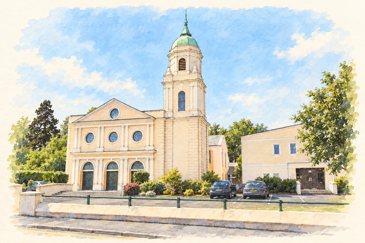 Watercolour and fine ink illustration of Whiteabbey Presbyterian Church, as photographed in July 2018.