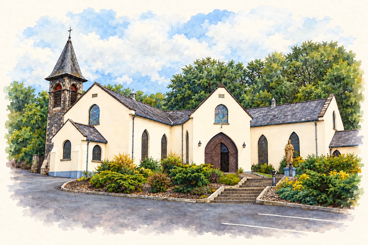 Watercolour and fine ink illustration of Saint Joseph’s Church near Hannahstown, as photographed in 2010.