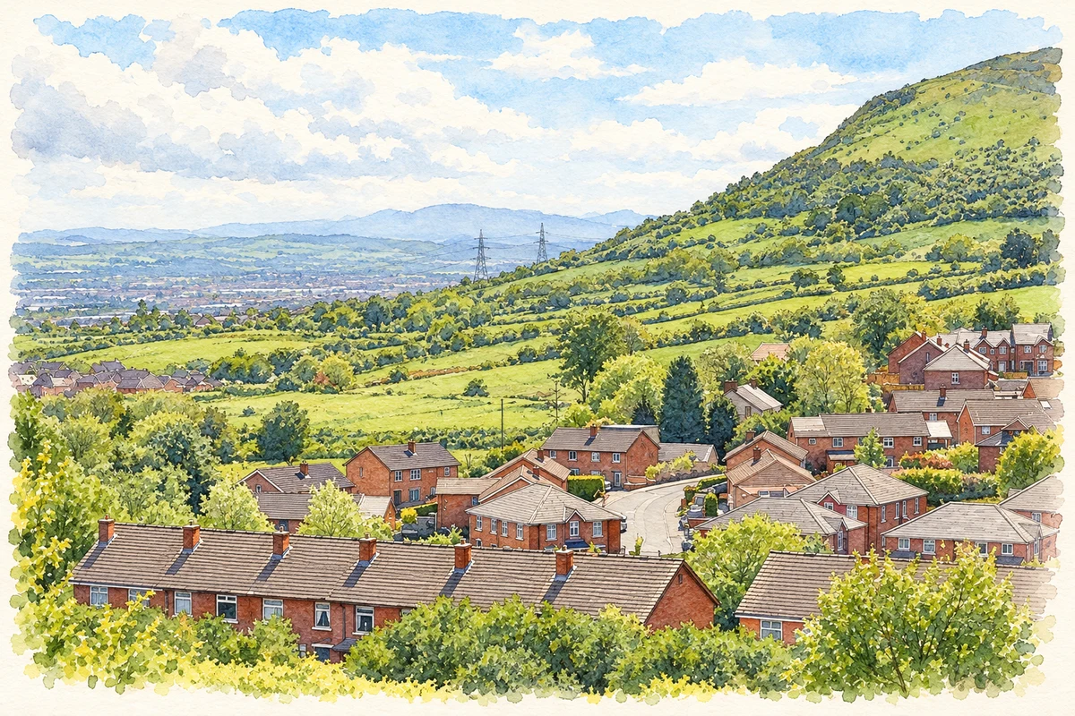 Watercolour and fine ink illustration of Legoneil and the lower slopes of Wolf Hill, as photographed in 2007.