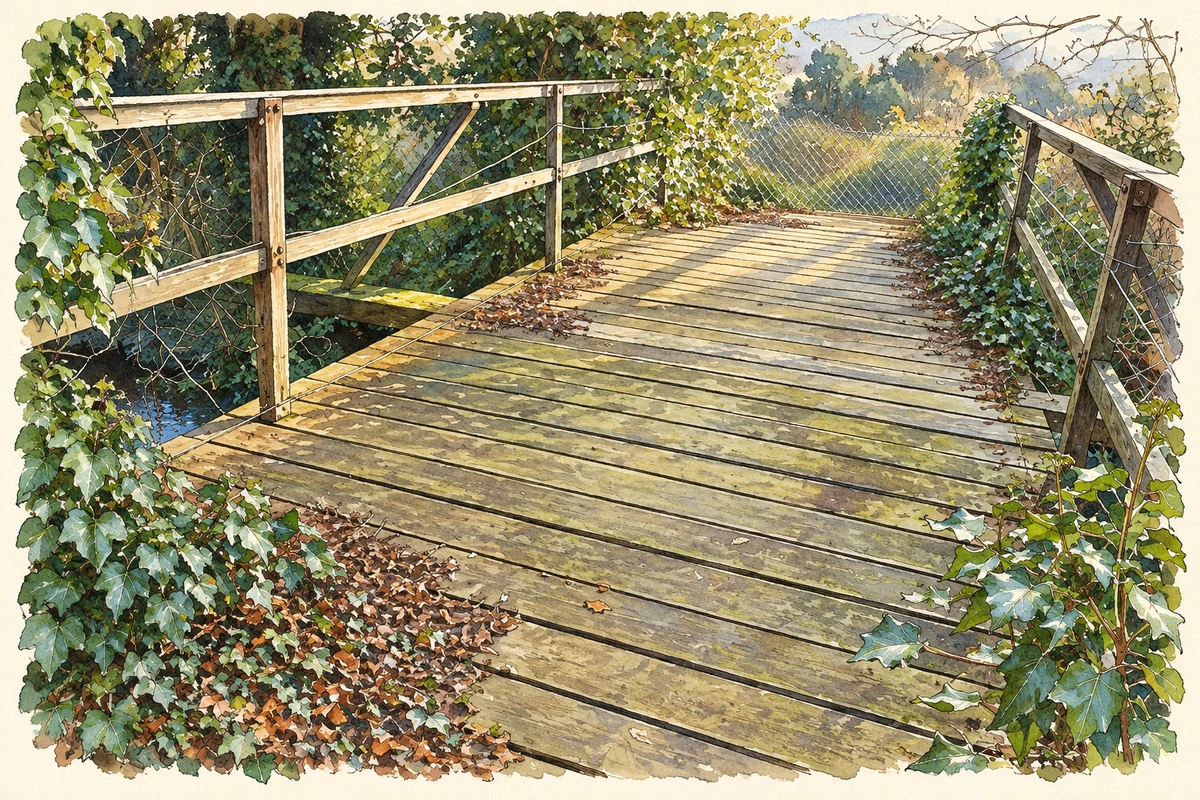 Watercolour and fine ink illustration of The closed footbridge over the disused Lagan Navigation near Malone Golf Club, as photographed in December 2007.