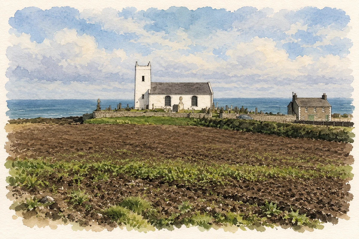 Watercolour and fine ink illustration of Ballintoy Parish Church above the coast.