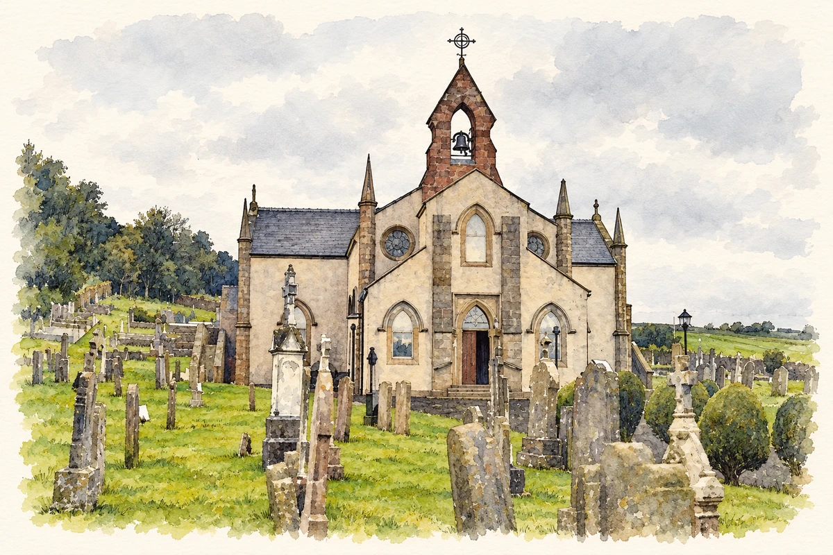 Watercolour and fine ink illustration of St Patrick's Church, Culfeightrin, Ballyvoy, County Antrim.