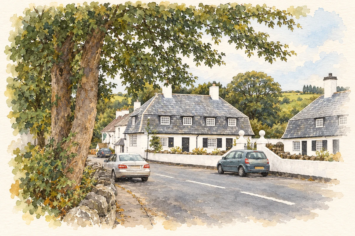 Watercolour and fine ink illustration of Village cottages, Cushendun.