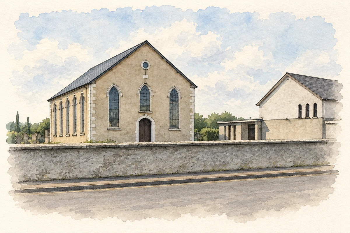 Watercolour and fine ink illustration of Moss-side Presbyterian Church, County Antrim.
