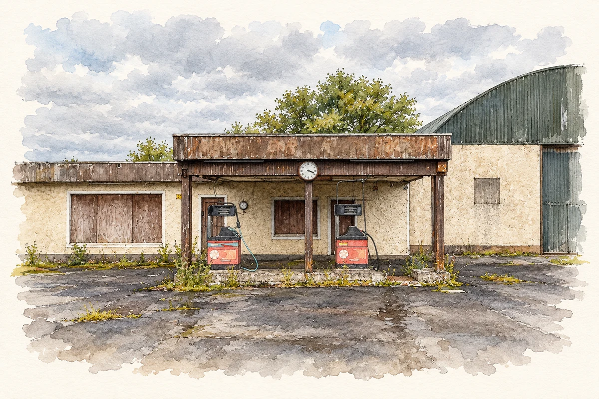 Watercolour and fine ink illustration of Former Jaunting Car Service Station near Drumdallagh, as photographed in2020.