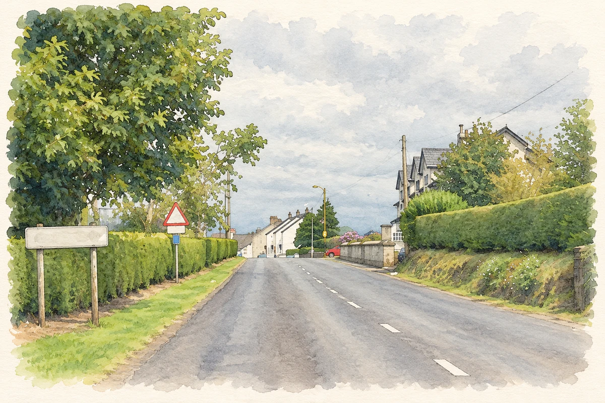 Watercolour and fine ink illustration of Entering Knocknacarry from the southwest, as photographed in 2011.