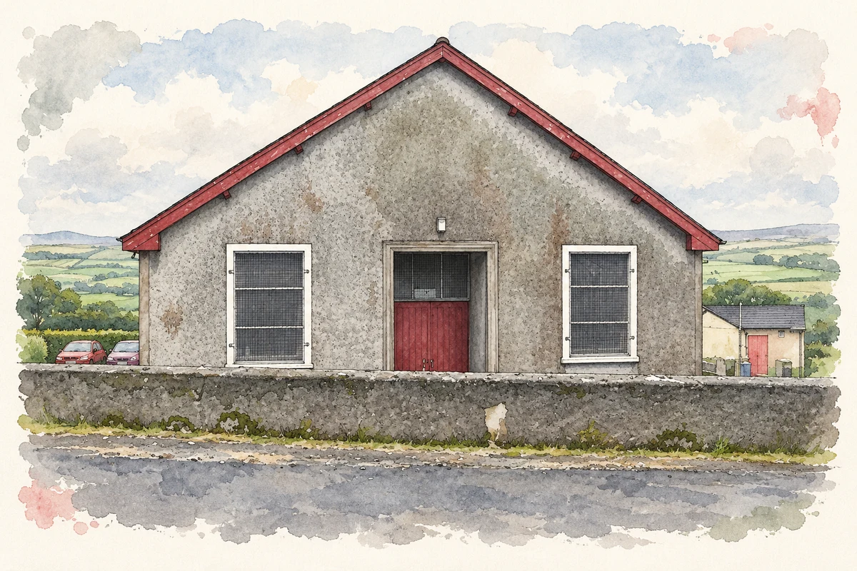 Watercolour and fine ink illustration of Carnalbanagh Orange Hall, County Antrim.