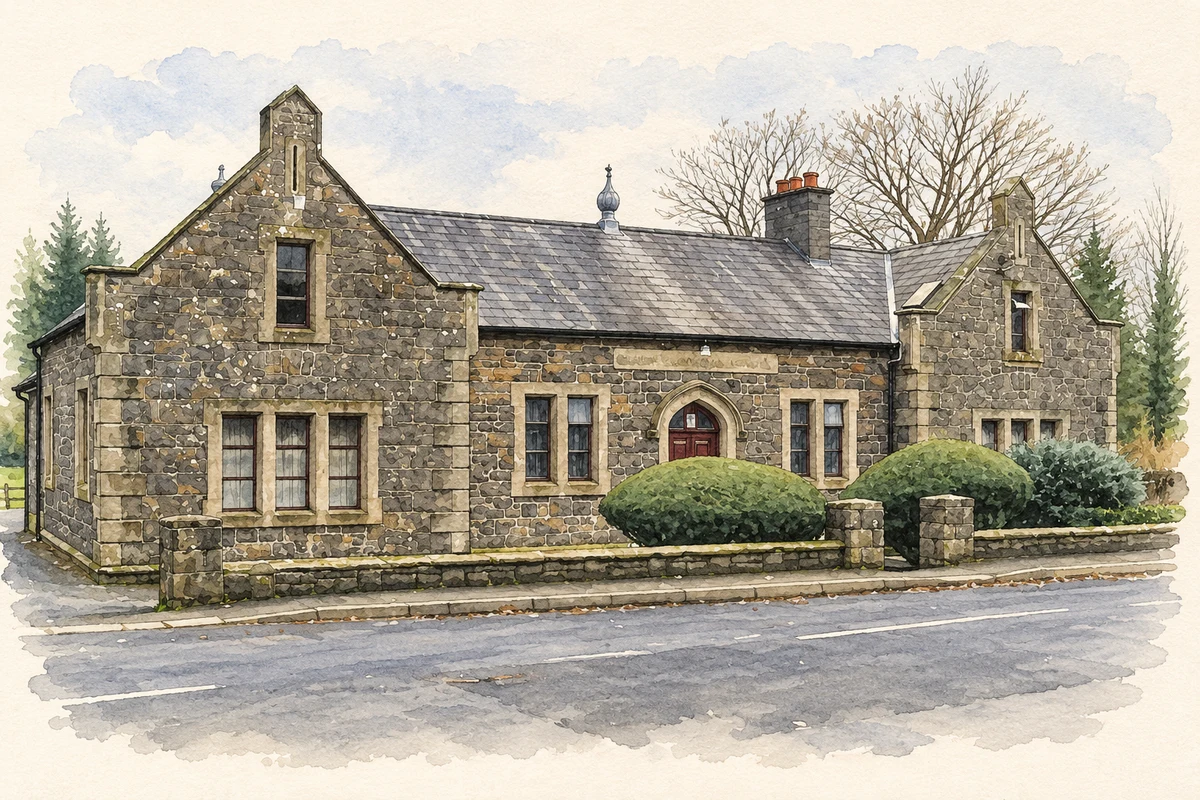 Watercolour and fine ink illustration of Craigs Parochial Hall, former parochial schools, County Antrim.