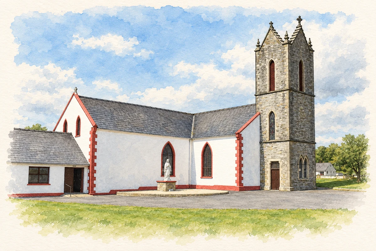 Watercolour and fine ink illustration of Saint Mary’s Church, Frosses, as photographed in 2014.