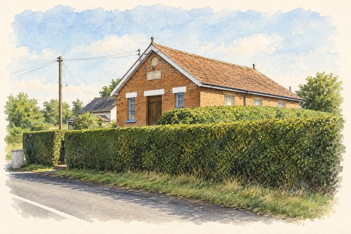 Watercolour and fine ink illustration of Ballymaconnelly Orange Hall as photographed in 2008.