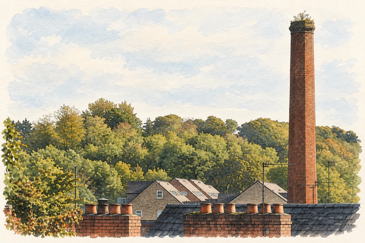 Watercolour and fine ink illustration of The former mill chimney at Muckamore, as photographed in October 2012.