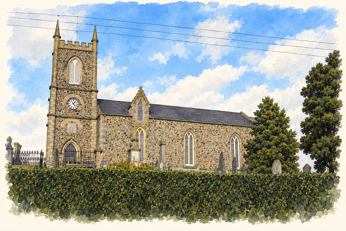 Watercolour and fine ink illustration of Magheragall parish church, as photographed in November 2009.