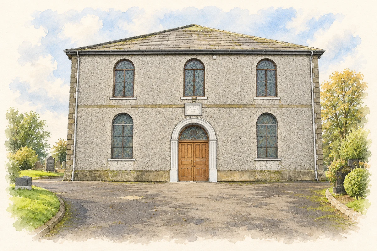Watercolour and fine ink illustration of Dundrod Presbyterian Meeting House, as photographed in2005.